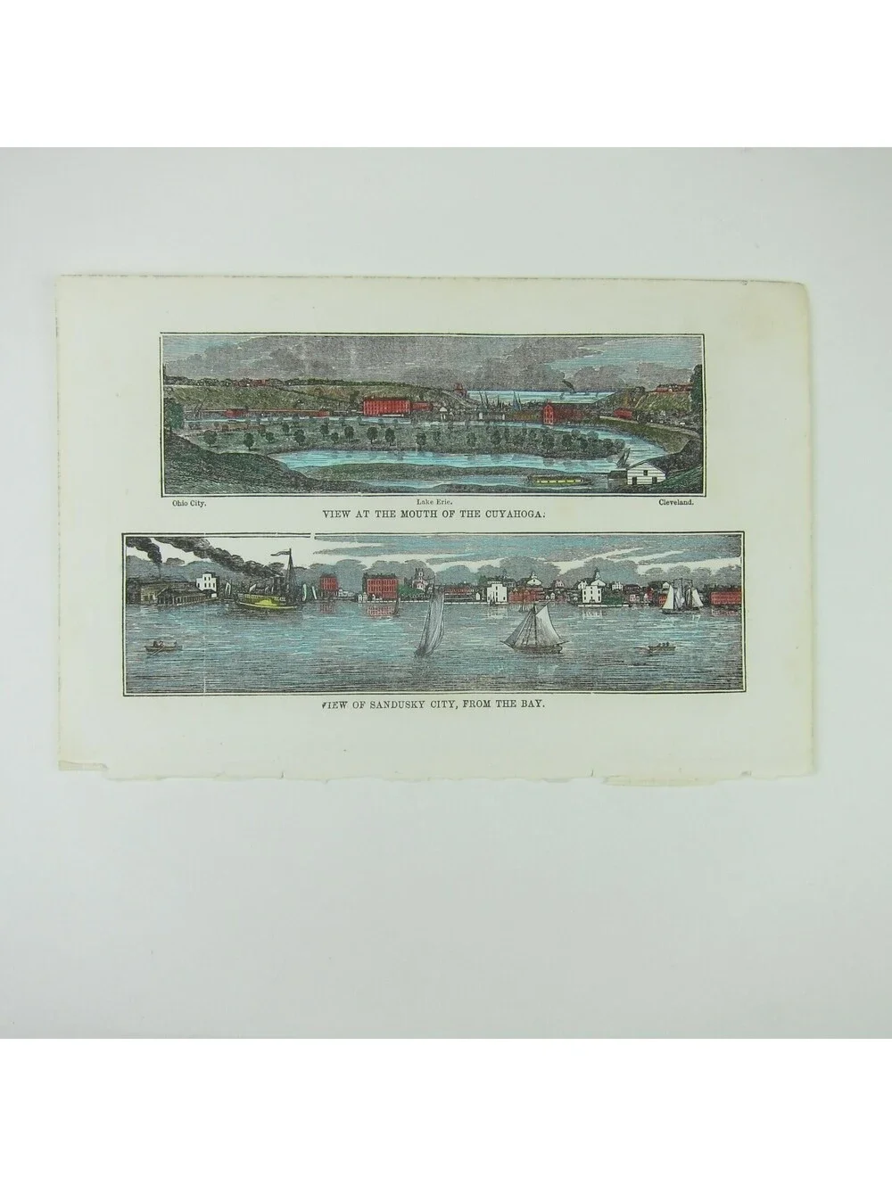 Engraving Print Ohio Cuyahoga River, Sandusky City Bay Hand Colored Antique 1847